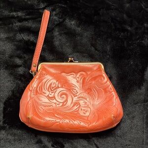 Patricia Nash Embossed Leather Wristlet in Coral